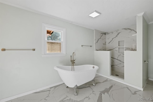 bathroom featuring crown molding and separate shower and tub