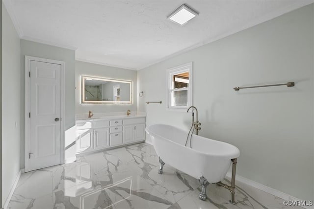 bathroom featuring vanity, ornamental molding, and a washtub