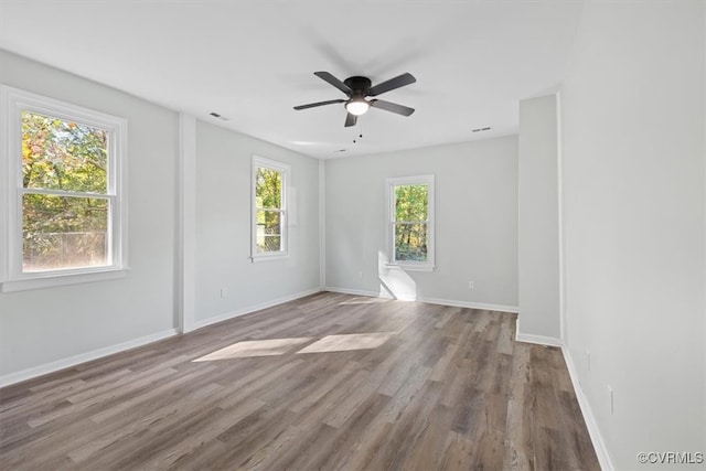 empty room with wood-type flooring, plenty of natural light, and ceiling fan