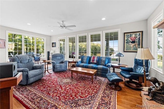 living room featuring ceiling fan and hardwood / wood-style flooring