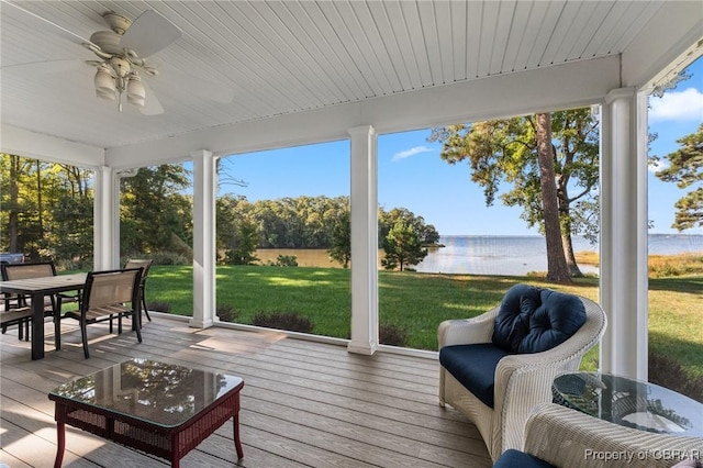 sunroom / solarium featuring ceiling fan, a water view, and wooden ceiling