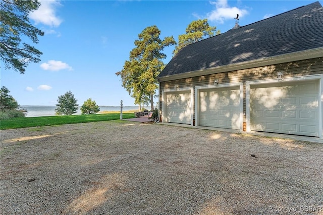 garage with a water view