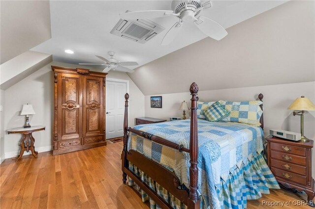 330 River Village Dr, Weems, VA 22576 - bedroom featuring light wood finished floors, lofted ceiling, recessed lighting, and ceiling fan