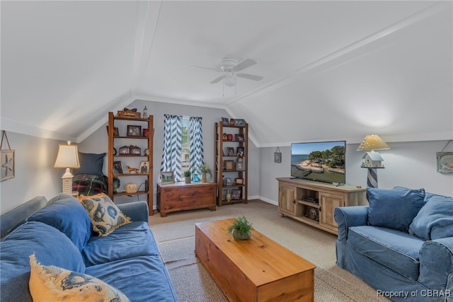 carpeted living room featuring vaulted ceiling and ceiling fan