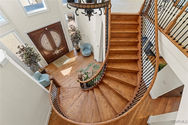 entrance foyer with hardwood / wood-style floors and a towering ceiling