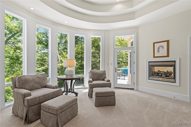 living area with plenty of natural light, light carpet, and a raised ceiling