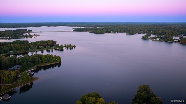 aerial view at dusk featuring a water view and a view of trees