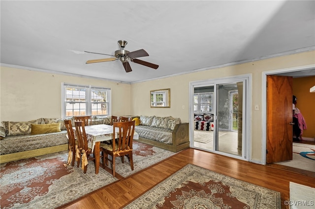 dining room featuring hardwood / wood-style floors, ceiling fan, and ornamental molding