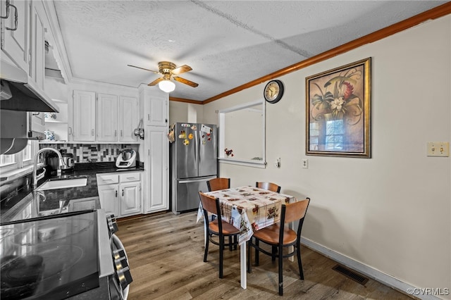 kitchen featuring white cabinetry, sink, stainless steel fridge, stove, and dark hardwood / wood-style flooring