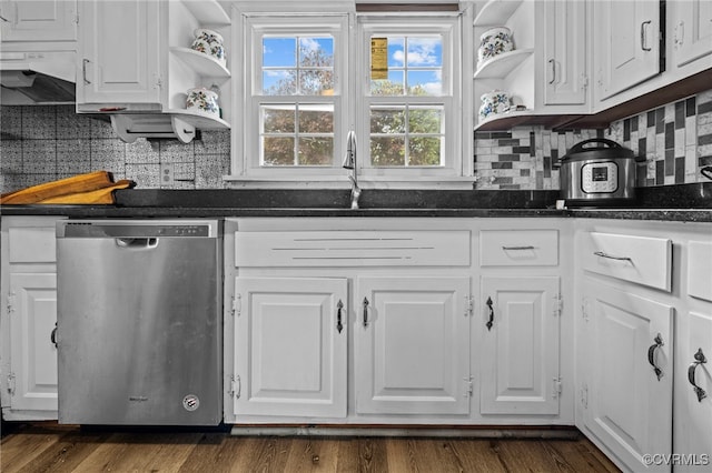 kitchen featuring white cabinetry, stainless steel dishwasher, and dark hardwood / wood-style floors