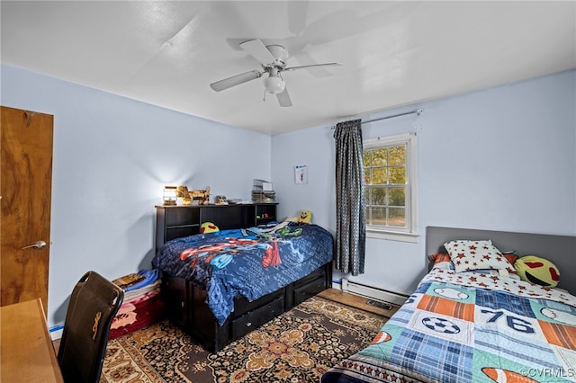 bedroom with ceiling fan and a baseboard radiator