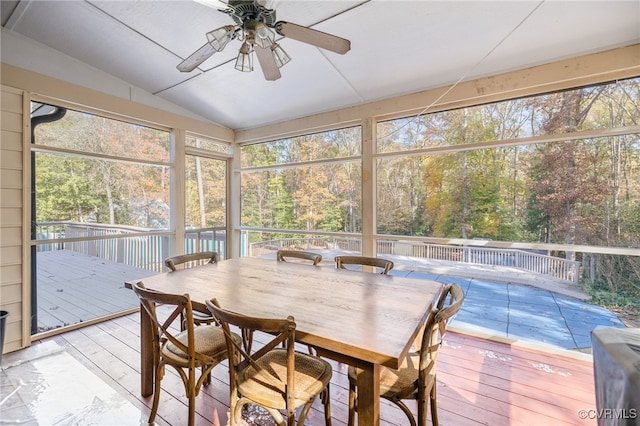 sunroom / solarium featuring ceiling fan and lofted ceiling