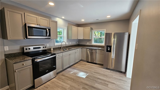 kitchen featuring light hardwood / wood-style flooring, dark stone countertops, stainless steel appliances, and sink