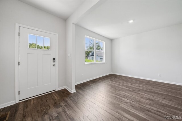 entrance foyer with dark wood-type flooring and a wealth of natural light