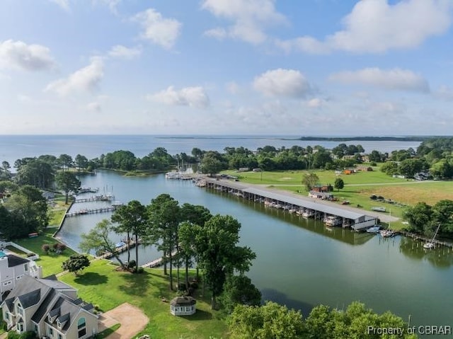 drone / aerial view with a water view