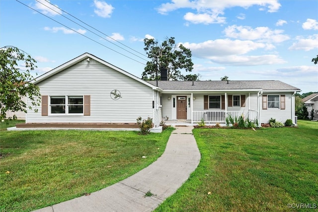 single story home featuring covered porch and a front yard