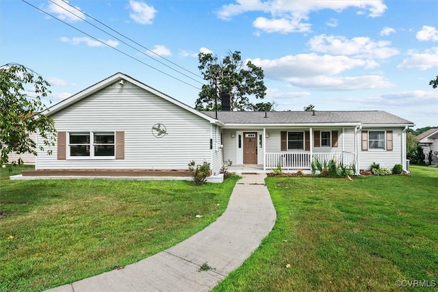 ranch-style home featuring a porch and a front lawn