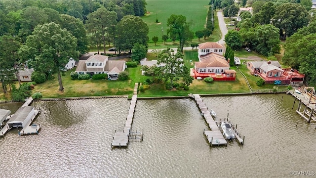 drone / aerial view with a water view