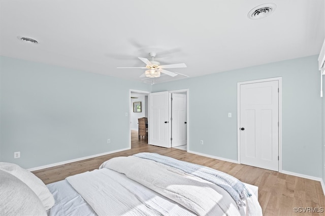 bedroom with light hardwood / wood-style flooring and ceiling fan