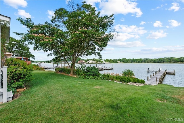 view of yard featuring a water view and a dock