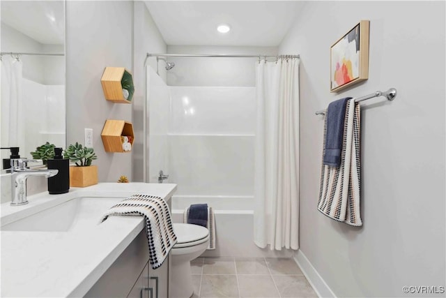 full bathroom featuring toilet, shower / bathtub combination with curtain, tile patterned flooring, and vanity