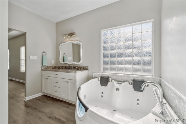 bathroom featuring vanity, a tub to relax in, and wood-type flooring