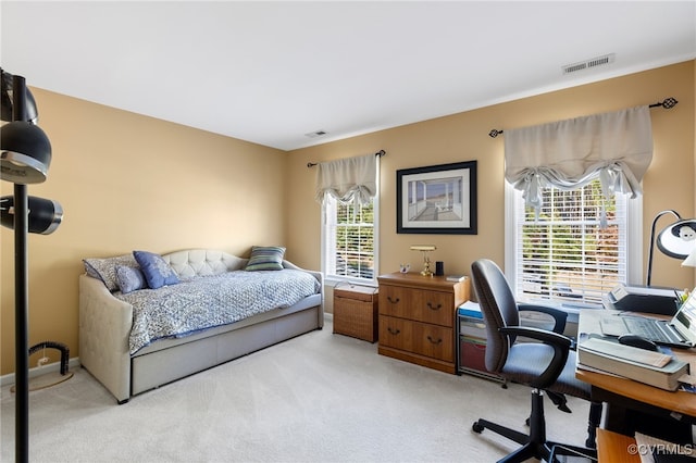 bedroom featuring multiple windows and light colored carpet