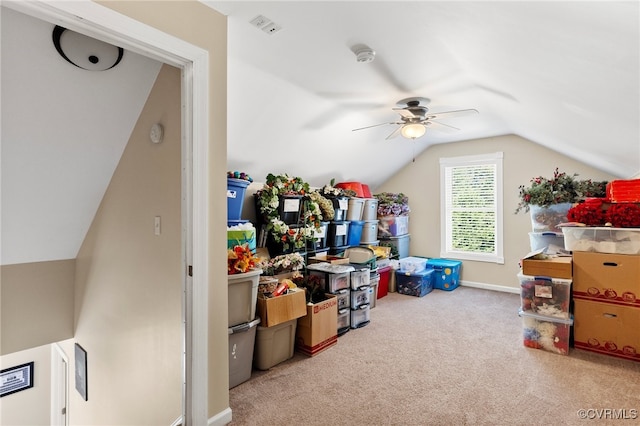 additional living space with ceiling fan, carpet, and lofted ceiling