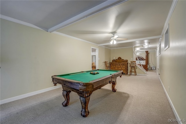 rec room featuring ornamental molding, light colored carpet, billiards, and ceiling fan