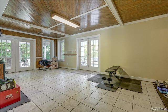 entryway featuring french doors, light tile patterned flooring, and wooden ceiling