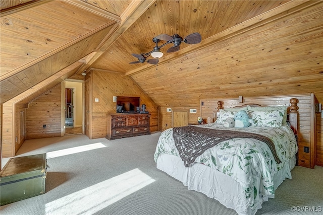 carpeted bedroom with lofted ceiling, wooden walls, and wooden ceiling