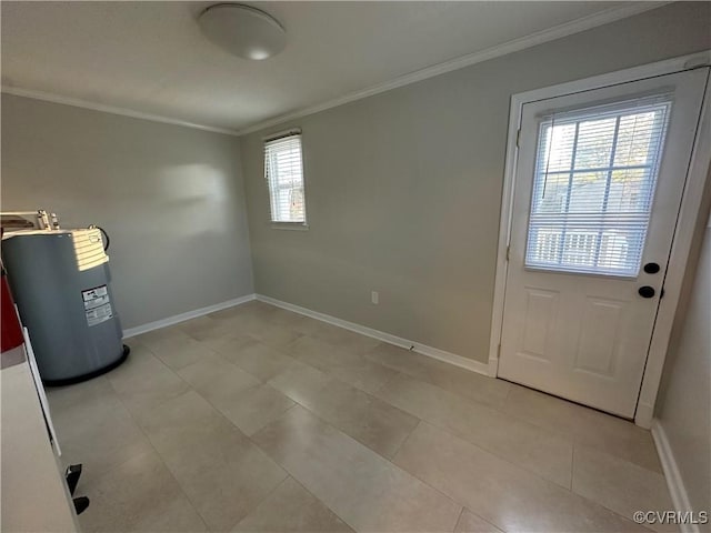 entryway with water heater, light tile patterned flooring, and ornamental molding