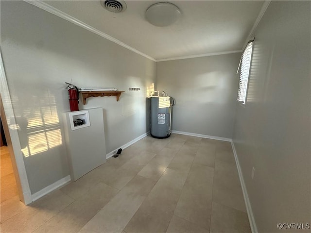 laundry area with water heater, ornamental molding, and washer hookup