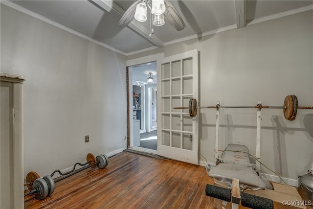 interior space with crown molding, hardwood / wood-style floors, and ceiling fan