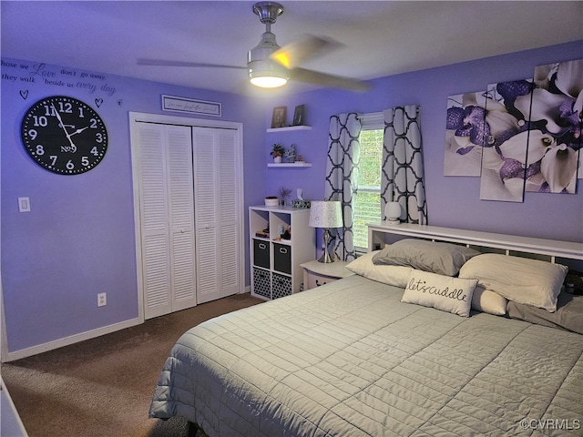 carpeted bedroom with a closet and ceiling fan