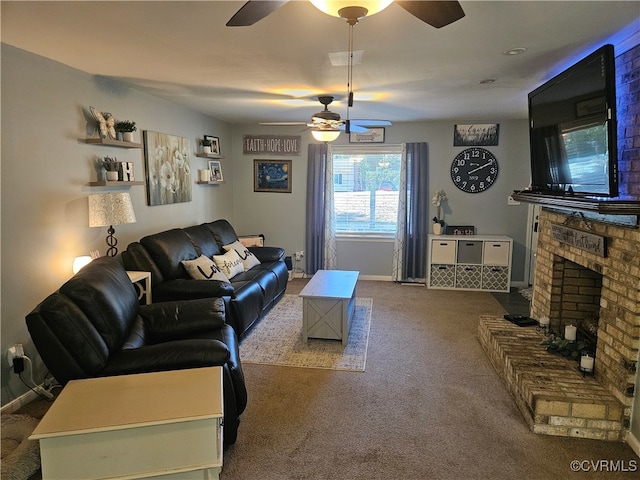 living room featuring a brick fireplace, carpet flooring, and ceiling fan