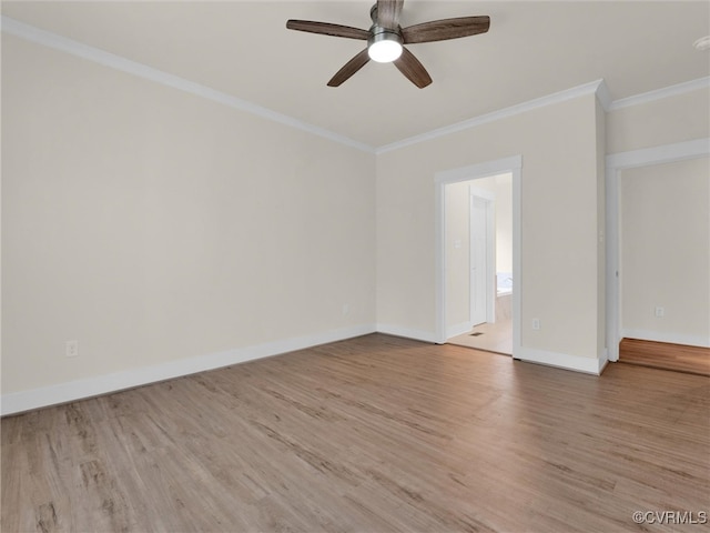 unfurnished room with ceiling fan, light hardwood / wood-style floors, and ornamental molding