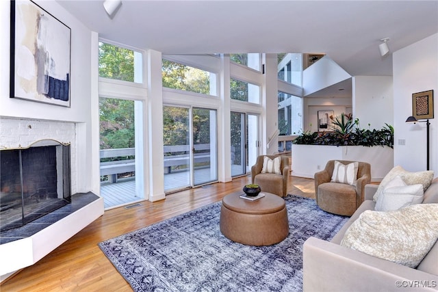 living room featuring hardwood / wood-style flooring and a towering ceiling