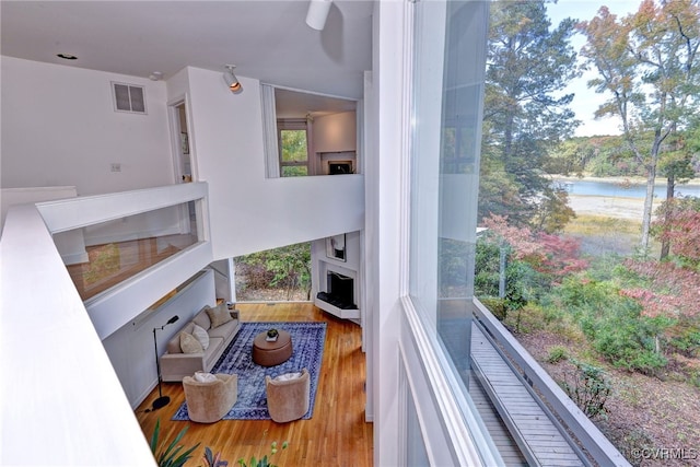 living room featuring a water view, hardwood / wood-style flooring, and a fireplace