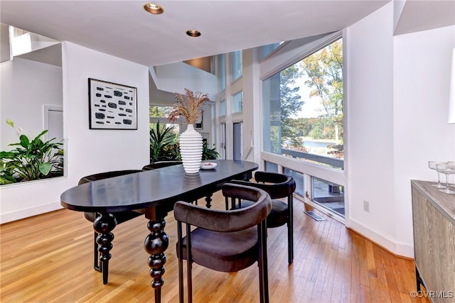 dining space with wood-type flooring