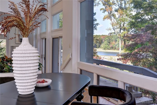 222 W Queens Dr, Williamsburg, VA 23185 - dining room featuring a high ceiling and a water view