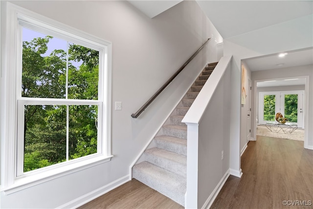 staircase featuring a healthy amount of sunlight and hardwood / wood-style flooring