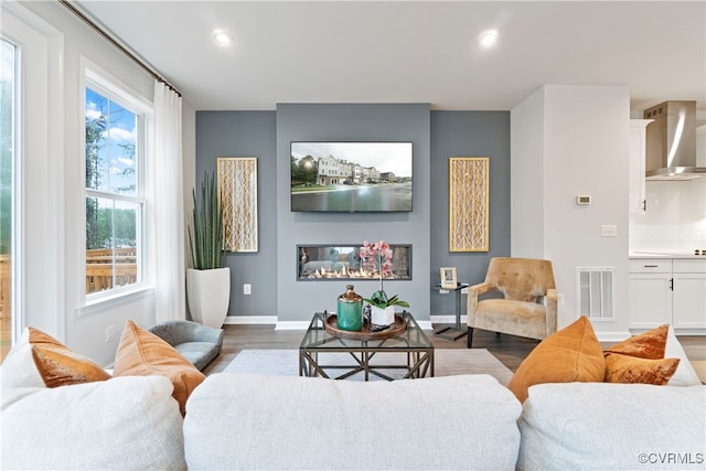 living room with dark wood-type flooring