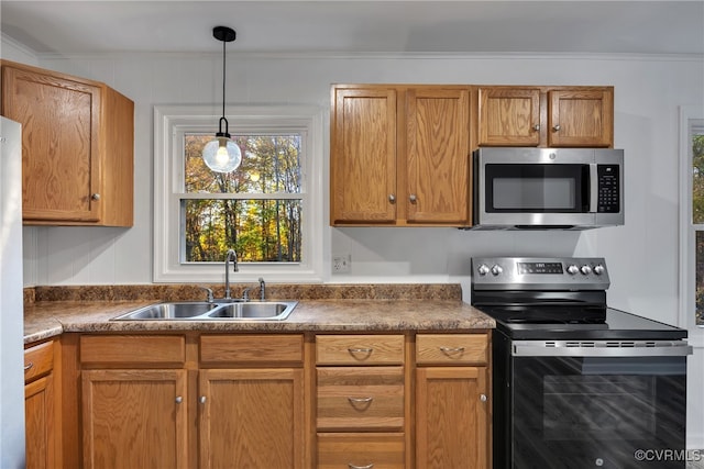 kitchen with hanging light fixtures, stainless steel appliances, and sink