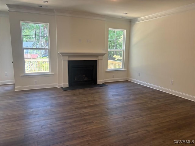 2050 Swiss Ln, Hayes, VA 23072 - unfurnished living room with ornamental molding, dark wood-type flooring, and a fireplace with raised hearth
