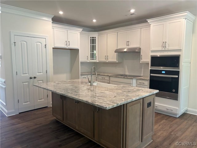 2050 Swiss Ln, Hayes, VA 23072 - kitchen featuring appliances with stainless steel finishes, under cabinet range hood, white cabinets, dark wood finished floors, and light stone countertops