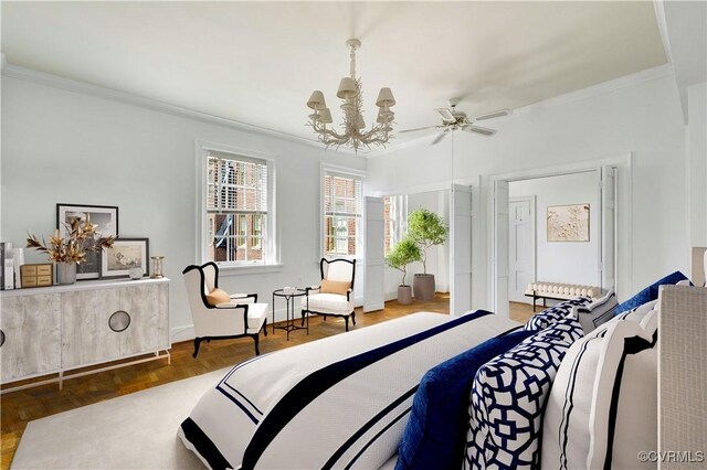 bedroom with ceiling fan with notable chandelier, dark parquet flooring, and ornamental molding