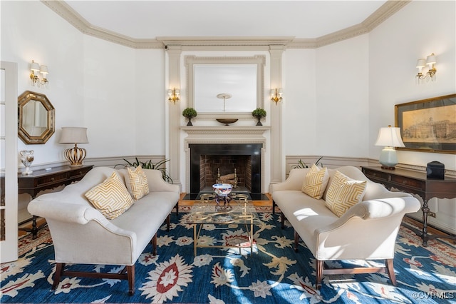 living room with ornamental molding