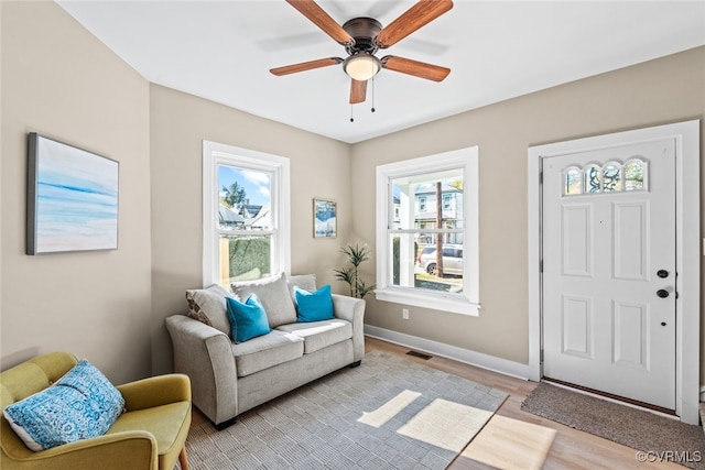 interior space featuring ceiling fan and light hardwood / wood-style floors