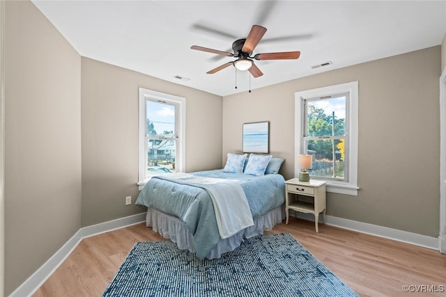 bedroom featuring light wood-type flooring and ceiling fan